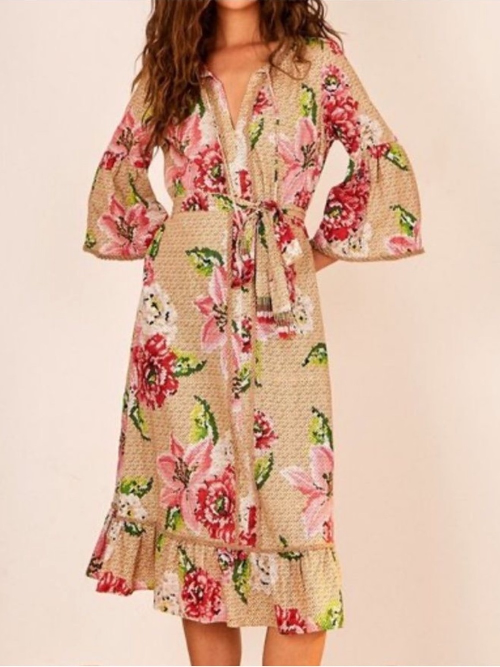 FARM Rio Floral Ruffle Beaded Linen Cross Stitch Belted Midi Dress - Size Medium